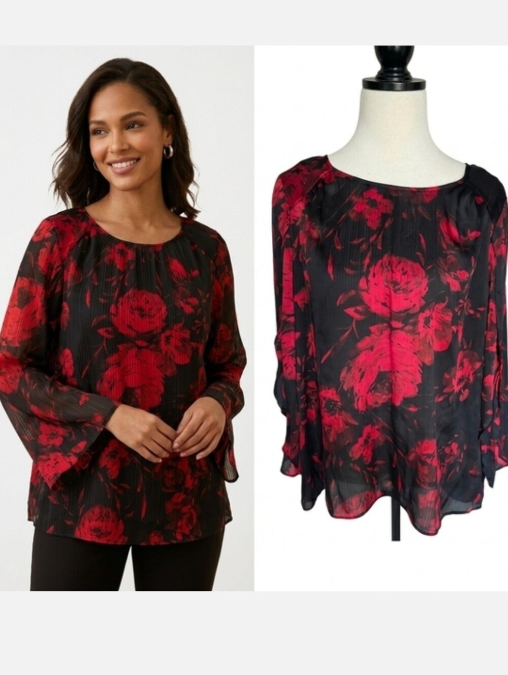 Black And Red Sheer Floral Blouse With Open Sleeves Women's Size Extra Large